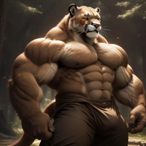 nj5furry, (a cougar, Shirt, ripped muscles, Topless, )), No clothes, thick fur covering the crotch, Cream brown fur, ((full body)) male, kemono, ((Extremely realistic shadows, Masterpiece, extremely detailed, photorealistic), ((a cougar), back, broad shoulders, standing on your back, firm buttond buttocks, shatocks, massive andscular pecs. No clothes, thick fur covering the crotch, strong, mature male, bodybuilding poscarefree expression, mischievous smile, sexy, detailed face, handsome, hugmuscular and massive body, bulge pectorals, muscular abs, narrow waist, cream brown fur, short hair, red nose, red eyes, crotch bulge, Enchanted and fairy tale forest behind him. dark brown Jedi-style baggy pants