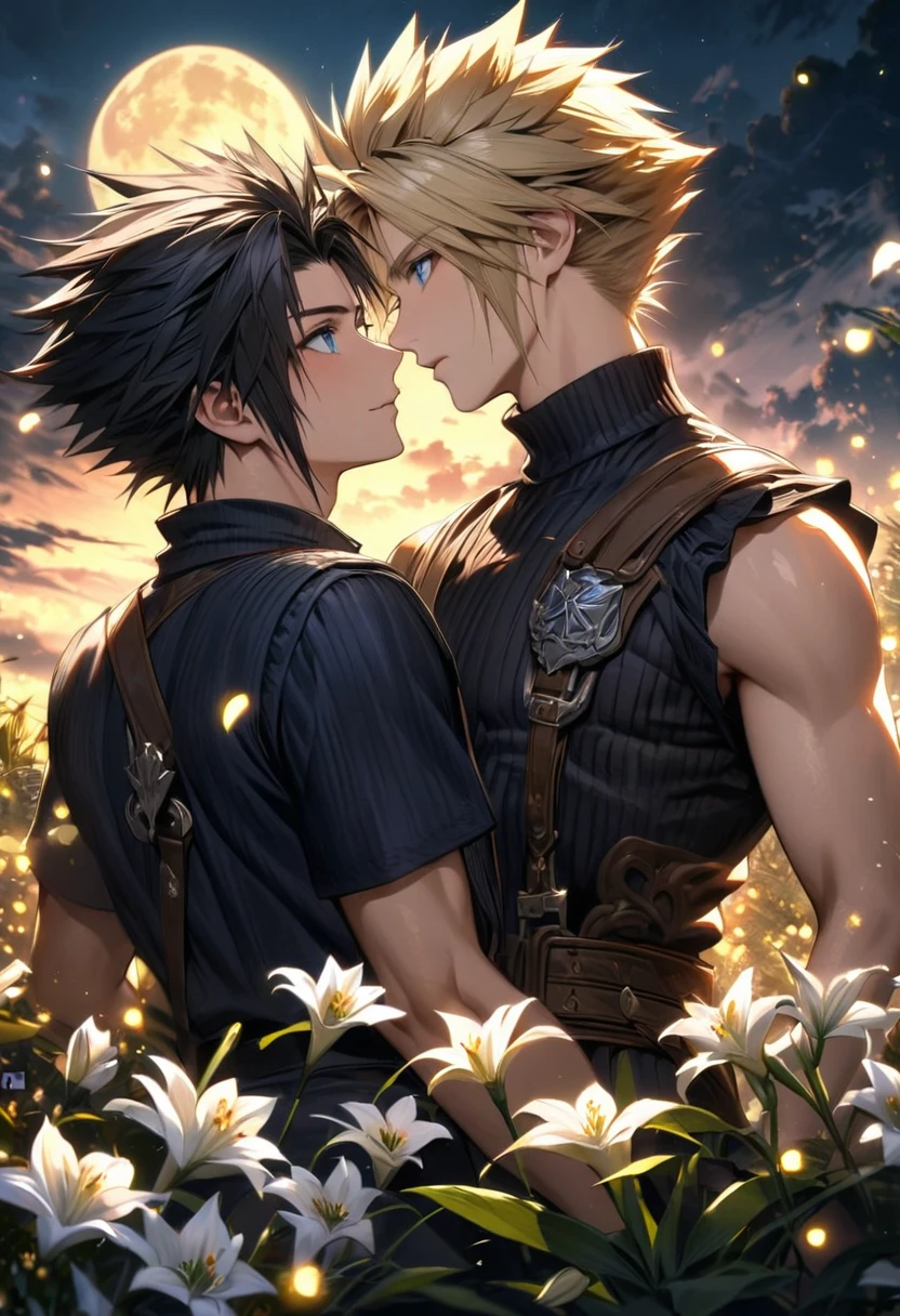 absurdres, highres, ultra detailed, HDR, master piece, best quality, Zack, black hair, expressive blue eyes, Final Fantasy, Cloud Strife, blond hair, expressive blue eyes, 2men together, gay couple, handsome, petals, white lilies, moon, fireflies, extremely detailed face and eyes