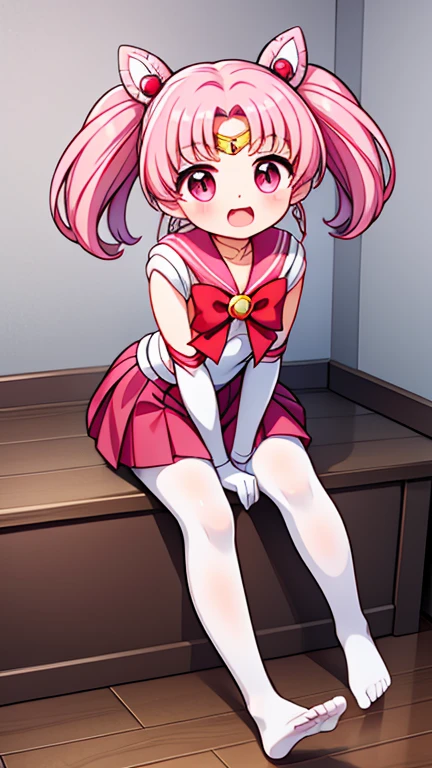 Sailor Moon,young年,Seven years old,cute,(Little Loli),Pink hair twintails,short hair,Sailor Suit,red bow,White elbow gloves,Red Skirt,no shoes,Open your mouth,laughing out loud,Fangs,(White pantyhose),soles of feet,soles of feet,(young)