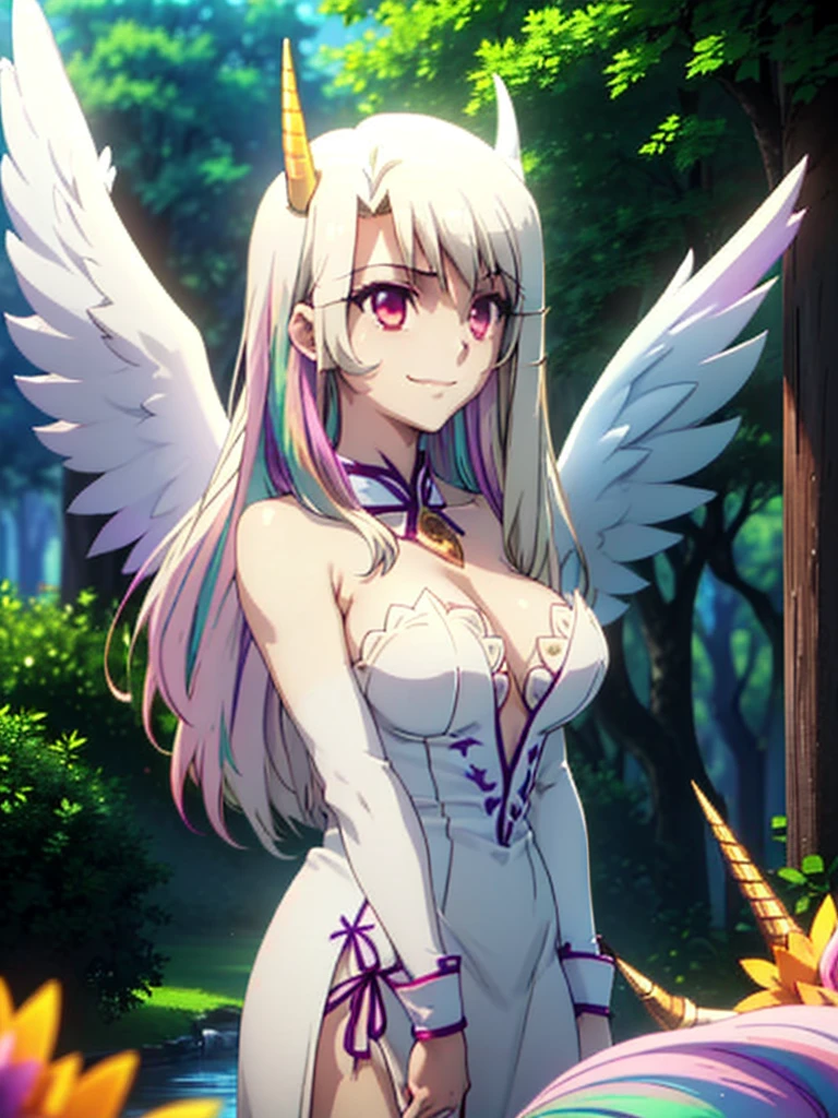 gran calidad ++ Extremely detailed high resolusionolution, very aesthetic, ojos expresivos, (((Cara perfecta))), (((face symmetrical))), ((good anatomy)), (((manos perfectas))), (((8k))), UHD, Fondo de pantalla HD, (((alta calidra detallada, (((((1girl)))))), solamente, Obra maestra, La mejor calidad, high resolusion, Altamente detallado, (illustration), hermosos ojos detallados, (((combatant))), (((1girl))), ((((cuerpo completo)))), (((((((illyasviel von einzbern)))))), (((princess_celestia))), ((((forma humana)))), ((princesa celestia humanizada)), Celestia, Celestia de My Little Poni, celestia en forma de milf, Cabello largo y ondulado, (((Ojos rojos))), (((strapless tube dress))), (((purple heart promise))), (((white dress))), (((milfication))), (((mature female))), (((big breasts))), (((orejas blancas de pony))), (((Dedos detallados))), (((alas blancas de angel))), (((cuerno dorado de unicornio))), Dedos precisos, Manos no antinaturales, strange eye, columnas griegas, exterior, hermoso bosque majestuoso, hojas de parra rodeando las columnas, arbustos de flores por todas partes, cielo despejado, bright sunny day, water lilies, bosque celestial,