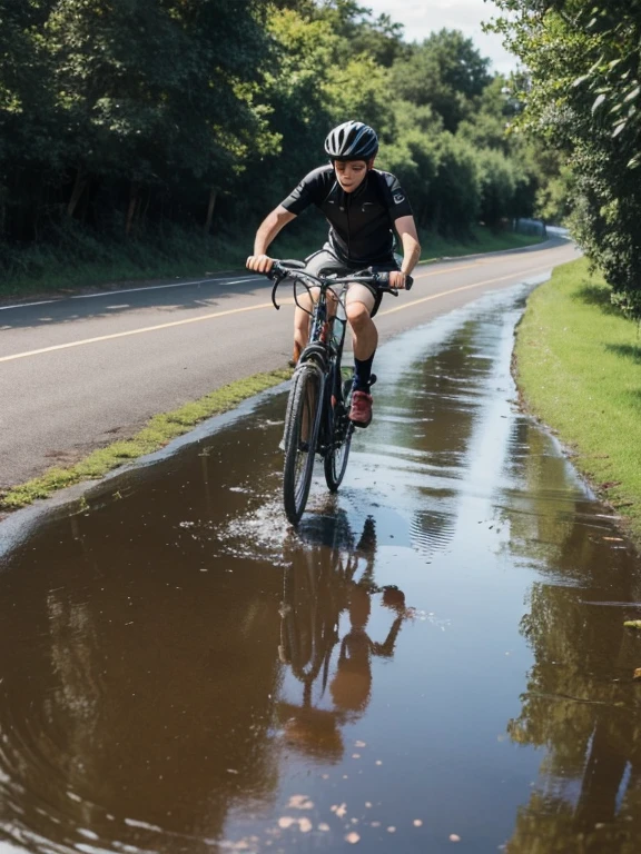 ride your bike through a small puddle of water on a curve