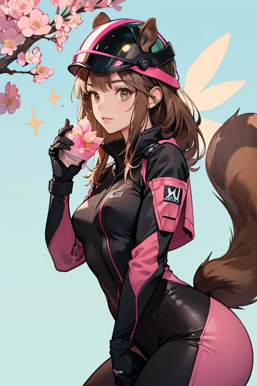 she is a brown squirrel with a brown tail and air helmet.
For clothing, she wears a ninja suit with an air helmet with a pink flower. SPARKLE; GLITTER