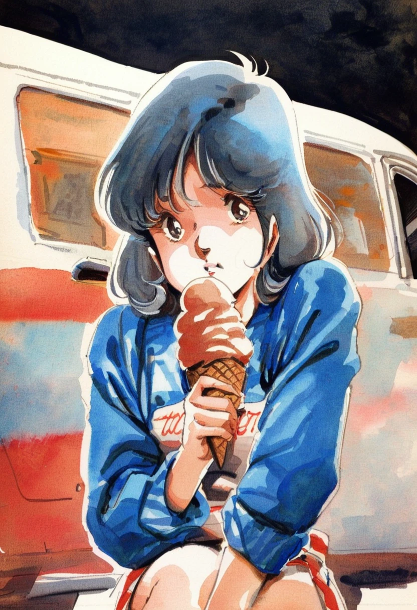  Closeup. 1girl,  bored expression, holding ice cream cone, sitting beside an ice cream truck, masterpiece, the best quality, very aesthetic, absurdres traditional media, watercolor, 1980