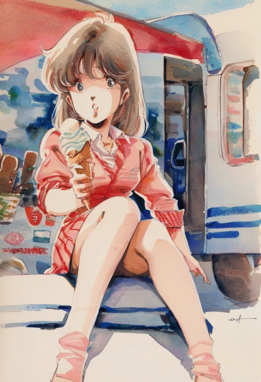  Closeup. 1girl,  bored expression, holding ice cream cone, sitting beside an ice cream truck, masterpiece, the best quality, very aesthetic, absurdres traditional media, watercolor, 1980