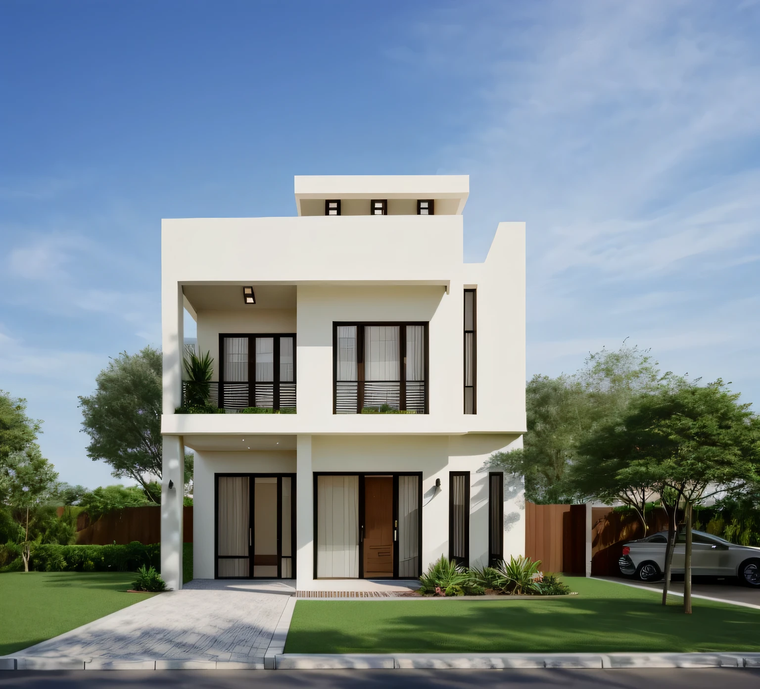 Exterior of house, mordern material decorations, (canopy in front of house:1.4), (a road in front of house:1.3), tree, sky, cloud, morning weather.