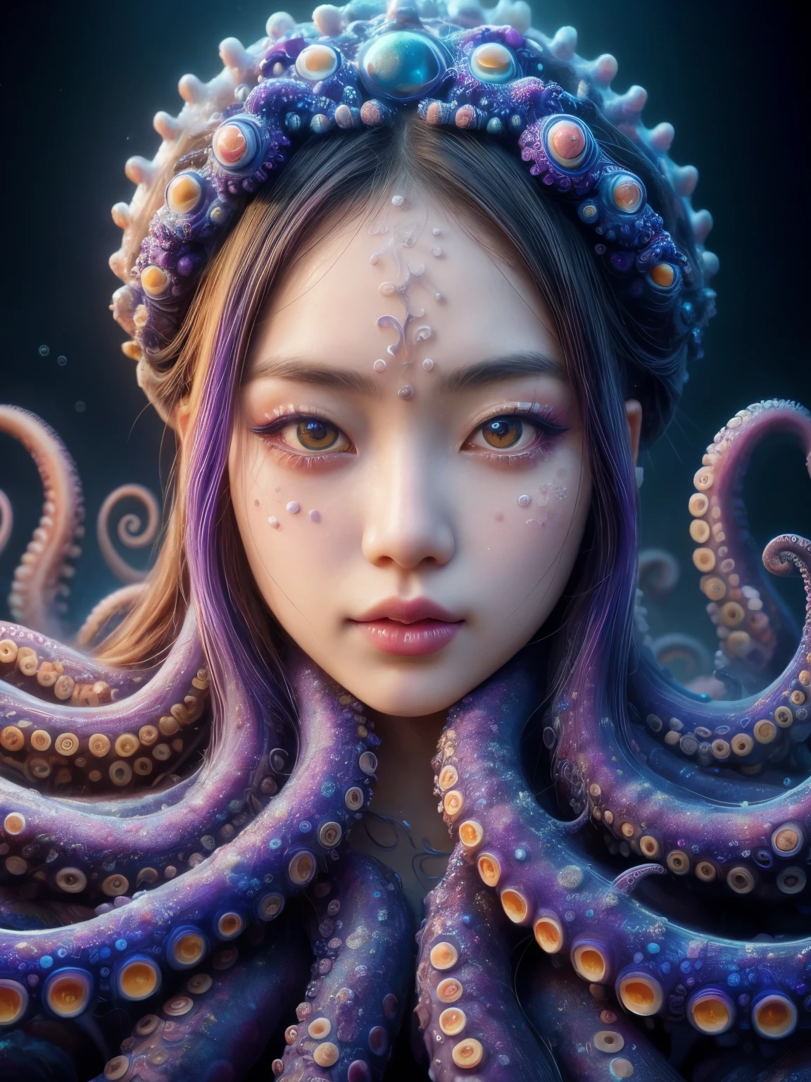 Hyper-realistic portrait of a Japanese girl with an octopus-inspired outfit and makeup, intricate and detailed design, close-up, shallow depth of field, soft lighting, high resolution, accurate representation, unique, creative, well-lit, clear details, Canon EOS R5, 85mm lens, f/1.2, elegant, sophisticated, well-composed, unique pose, blue and purple colors, underwater theme