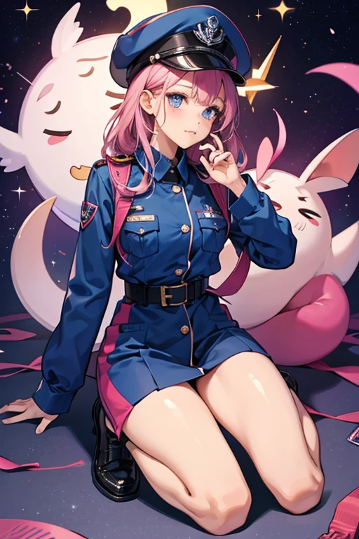 She is a pinkish-purple Humboldt squid with dark blue eye shadow and an anchor tattoo. She wears a basic prisoner’s uniform with a matching hat and black shoes. SPARKLE; GLITTER