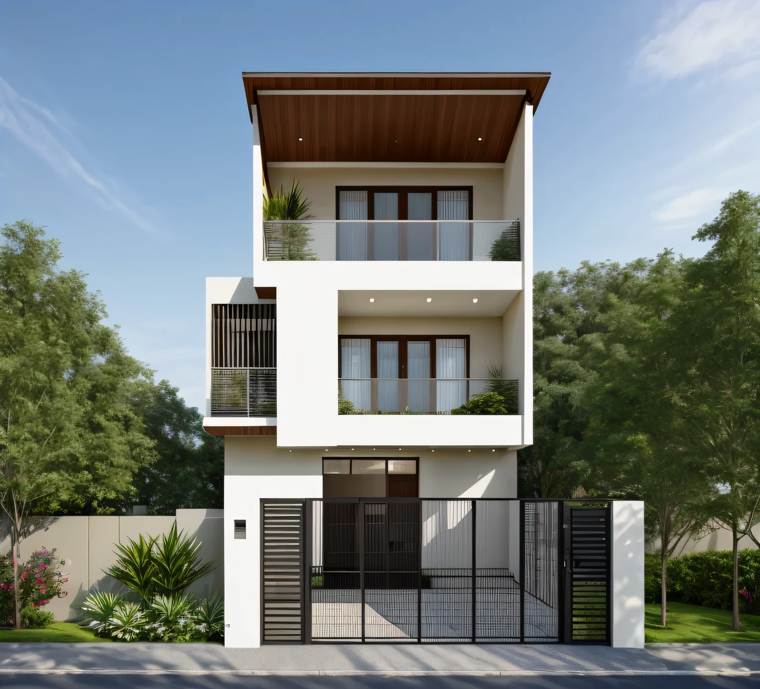 Exterior of house, mordern material decorations, (canopy in front of house:1.4), (a road in front of house:1.3), tree, sky, cloud, morning weather.