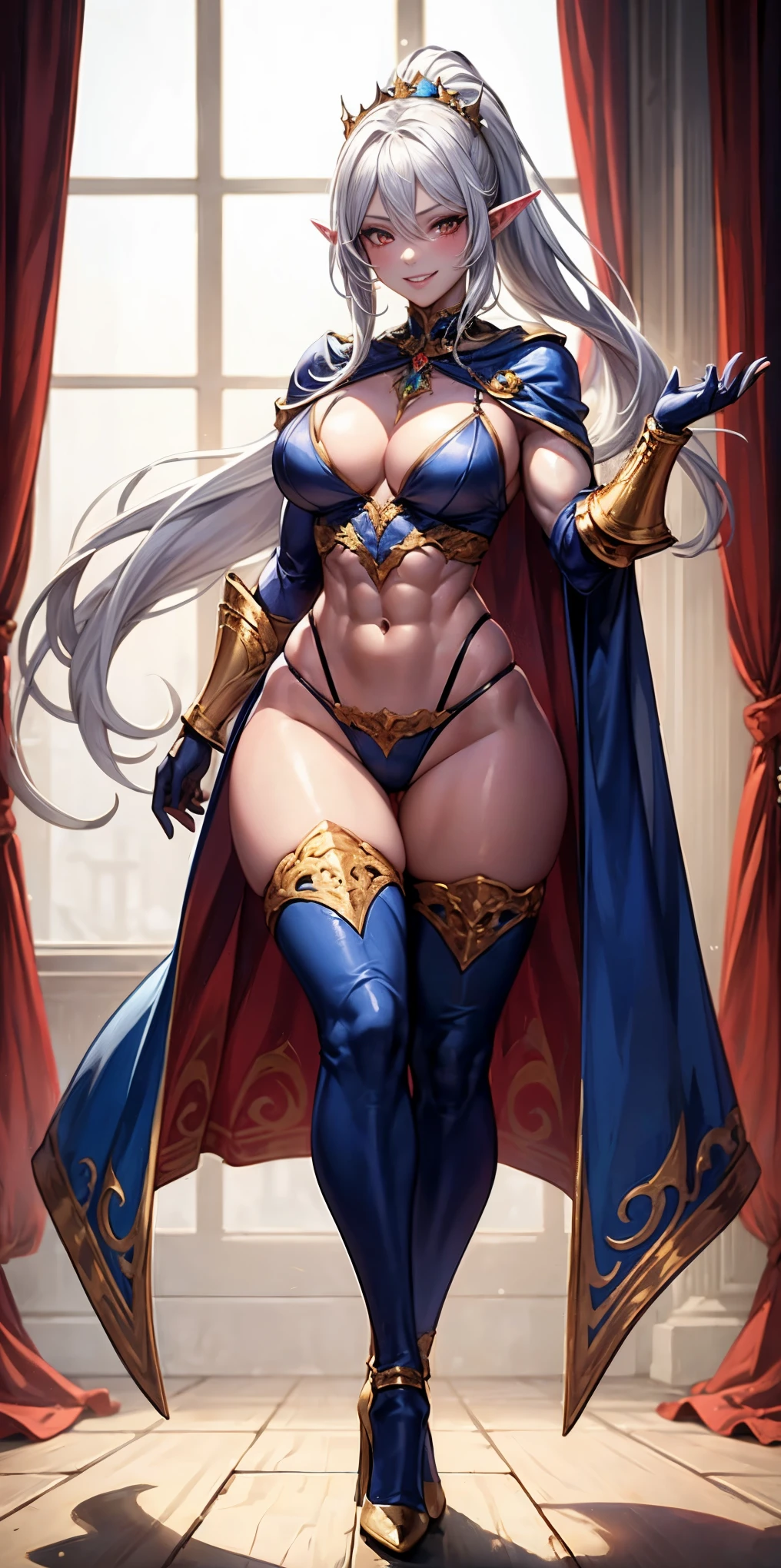 extremely long hair, ponytail, perfect anatomy 1 girl tall solo, slim thick, ((muscular)) high elf toned body, silver breast plate, blue cape, slender abs, hourglass waist, detailed face, defined cheekbones, puffy lips, gauntlets, gold crown, shadow over eyes, looking at viewer, masterpiece, white thigh highs lingerie, lustful smirking smile face red blushed red cheeks, 2 high heels feet together