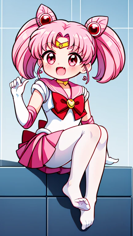 Sailor Moon,young年,Seven years old,cute,(Little ),Pink hair twintails,short hair,Sailor Suit,red bow,White elbow gloves,Red Skirt,no shoes,Open your mouth,laughing out loud,Fangs,(White pantyhose),soles of feet,soles of feet,(young)
