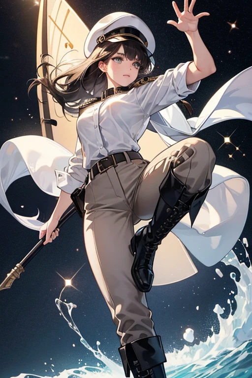 She wears a dark white shirt and brownish-gray pants with a black belt. She also wears a white captain's hat and black boots. SPARKLE; GLITTER