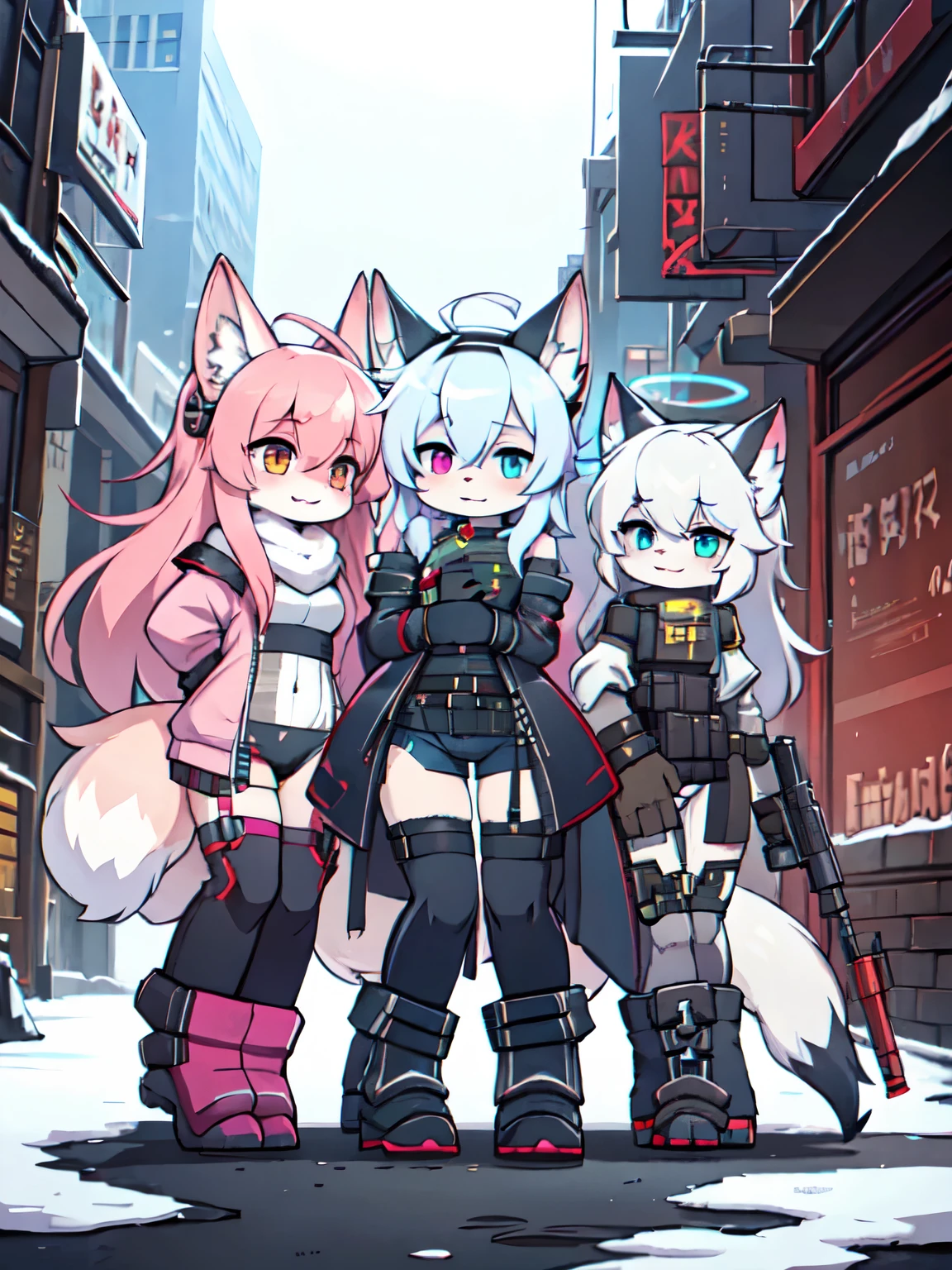 Kawaii, Pink striped Fluffy Fox, , emaciated, Pink long hair, left eye is red, right eye is blue, heterochromia, 3girls, in the night deserted city with snowing with ruin, artificial synthetic skin, life support prosthetics, biological prosthetic legs, digital headphones, biological prosthetic arms, Military-under shirt, black tight latex leotard, white over-sleeve mechanical long dress, thigh-high-socks, grey fading opaque stockings, shorts, Grey long-Sleeve loose off-the-shoulder Military hood jacket, tactical gun holsters in thigh, Mechanical boots, metallic knee pads, tactical belted loose Arm Sleeves, watch, cybernetic Display gloves, chest rigs, tactical belts, blue-archive halo, bulletproof goggles, from Ark nights,