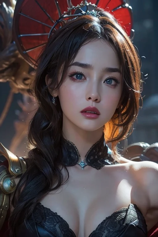 Rough Craft'S Worldから来た女性のエイリアン, highly detailed artistic photography, midnight aura, Night Sky, Detailed gorgeous face, dream-like, Shine, Backlit, Glamour, Sparkling, (very detailed face and eyes:1.2), (High resolutionの光る赤い目:1.4), Perfect Anatomy, (A beautiful, toned body:1.5), (Moisturized Skin:1.2), No makeup, (bear:1.1),(Thick eyebrows:1.2), Long canines. Smooth, extRa High resolution, 8K, Unreal Engine 5, Ultra-sharp focus, Art by Alberto Seveso, germ of art, Barbaric, SF, Complex芸術作品の傑作, evil, Matte Movie Poster with Image, Golden Ratio, Trending on CGsociety, Complex, wonderful, ArtStation Trends, author: germ of art, H. R. Giger and Beksinski, very detailed, Rough Craft'S World, Cthulhu, vibration, Draw a movie character, Ultra high quality model, Cinematic Quality, Detail up, (Complex details:1.2), High resolution, High resolution, draw faithfully, (Thick eyebrows:1.2), (Big scarlet eyes:1.3)