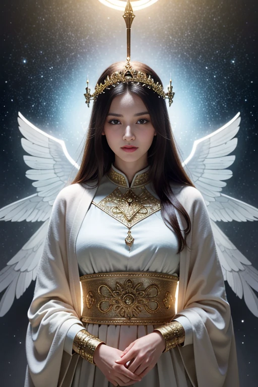 (best quality,4k,8k,highres,masterpiece:1.2),ultra-detailed,(realistic,photorealistic,photo-realistic:1.37),portraits,vibrant colors,natural light,(sacred art,divine creatures,biblical accurate angels,guardian spirit,sci-fi,dream realm),[superior beings],(A captivating scene unfolds in this masterpiece of sacred art. The focal point of the artwork showcases divine creatures, angelic beings that are biblical accurate in their depiction. Each angel possesses intricately detailed features. Their eyes, exquisite and detailed, are a reflection of purity and wisdom. The delicate curve of their lips exudes a sense of peace and tranquility.), (The supernatural beings are presented in a Sci-Fi setting, transporting the viewer into a dream realm where reality intertwines seamlessly with the world beyond. They exist as guardian spirits, guiding and protecting those who seek their solace.), (The scenes are bathed in the soft glow of natural light, amplifying the ethereal ambiance.), (The art is executed in a superior medium, with the artist's meticulous attention to detail evident in every brushstroke. The high resolution of the artwork, whether in 4k or 8k, ensures that every minute detail is rendered to perfection. The result is an ultra-detailed composition that captivates the viewer's gaze.), (The realistic portrayal of these divine creatures, achieved through photorealistic techniques, adds an immersive quality to the artwork. The colors are vibrant and vivid, breathing life into the serene scene. The portraits of the angels evoke a sense of awe and reverence, capturing the essence of their spiritual nature.), (This sacred art embodies the transcendent nature of the divine, while simultaneously embracing the sci-fi elements of a fantastical dream realm. It is a testament to the artist's skill and vision, offering viewers a glimpse into a world where superior beings coexist in harmony with the human imagination.)