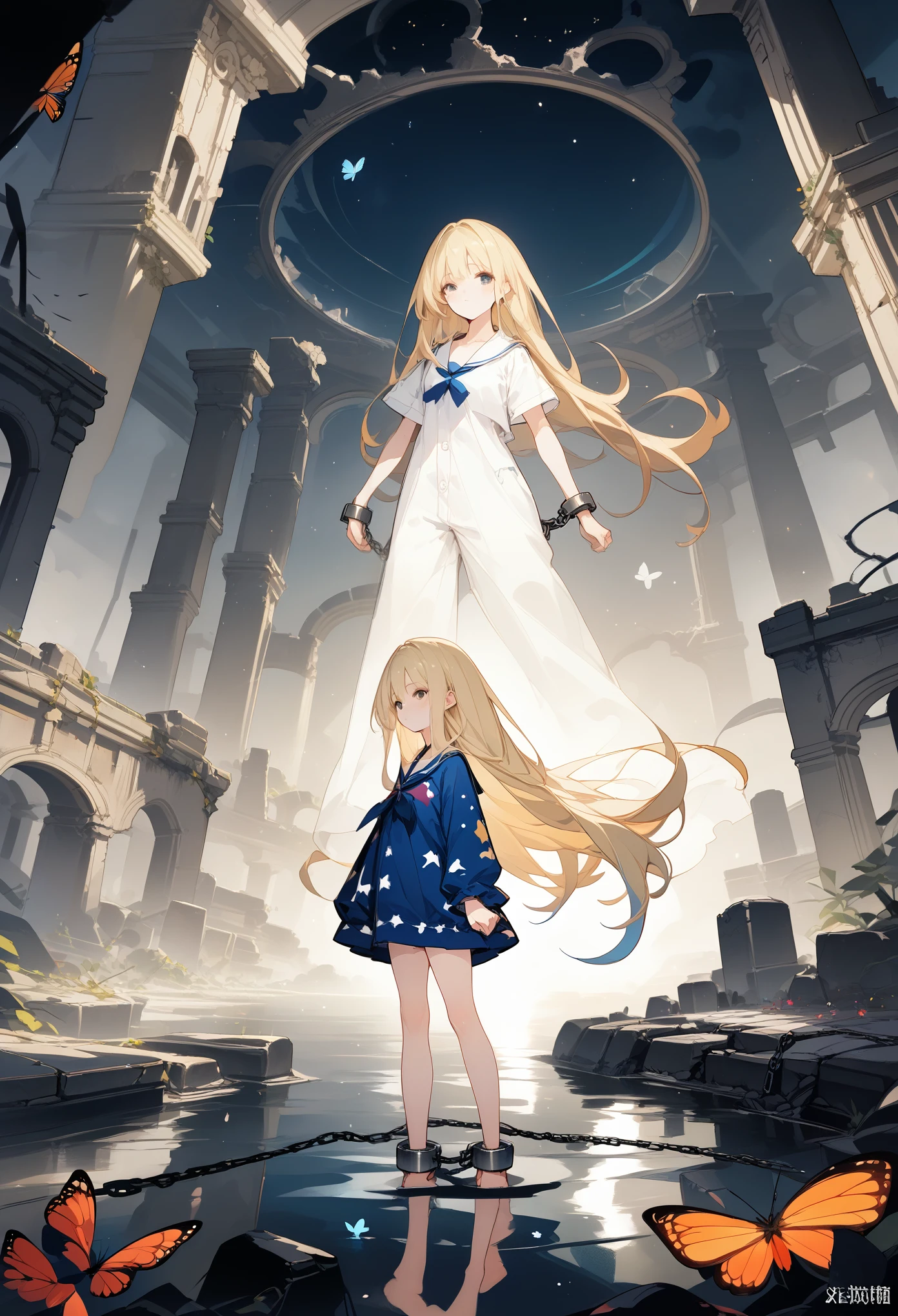 score_9, score_8_up,score_7_up,, panorama view,(ray tracing, reflection light),sunlight,   (butterfly),stars,Starry sky,Standing on sea,((chained,shackles)),darkside,night,deep dark,darkness,dark clouds,((ruins)),shadow,death garden, blonde hair,very long hair,pajamas,sailor dress,barefoot,