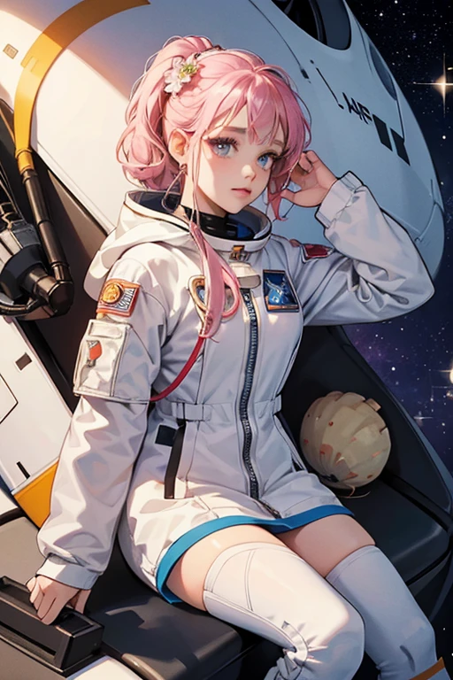 She is a woman who wears a white astronaut suit with an acorn badge, and a patch on the upper arm that reads "SANDY." She also has a pink flower in her hair and wears black boots. SPARKLE; GLITTER