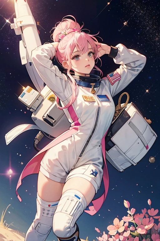 She astronaut walks in the sea of flowers dotted with pink clouds，The astronaut who is alone，The astronaut cannot leave this planet，The astronaut is lost in the boundless space. Round ass, tight buttcheeks, full body astronaut suit, head to toe