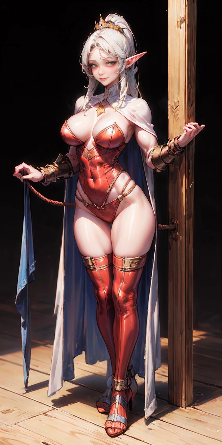 extremely long hair, ponytail, perfect anatomy 1 girl tall solo, slim thick, ((muscular)) high elf toned body, silver breast plate, blue cape, slender abs, hourglass waist, detailed face, defined cheekbones, puffy lips, gauntlets, gold crown, shadow over eyes, looking at viewer, masterpiece, white thigh highs lingerie, lustful smirking smile face red blushed red cheeks, 2 high heels feet together, full body bondage latex girl (black background) standing by wooden pole bondage, shibari, bondage, bdsm, rope, gag, ball_gag