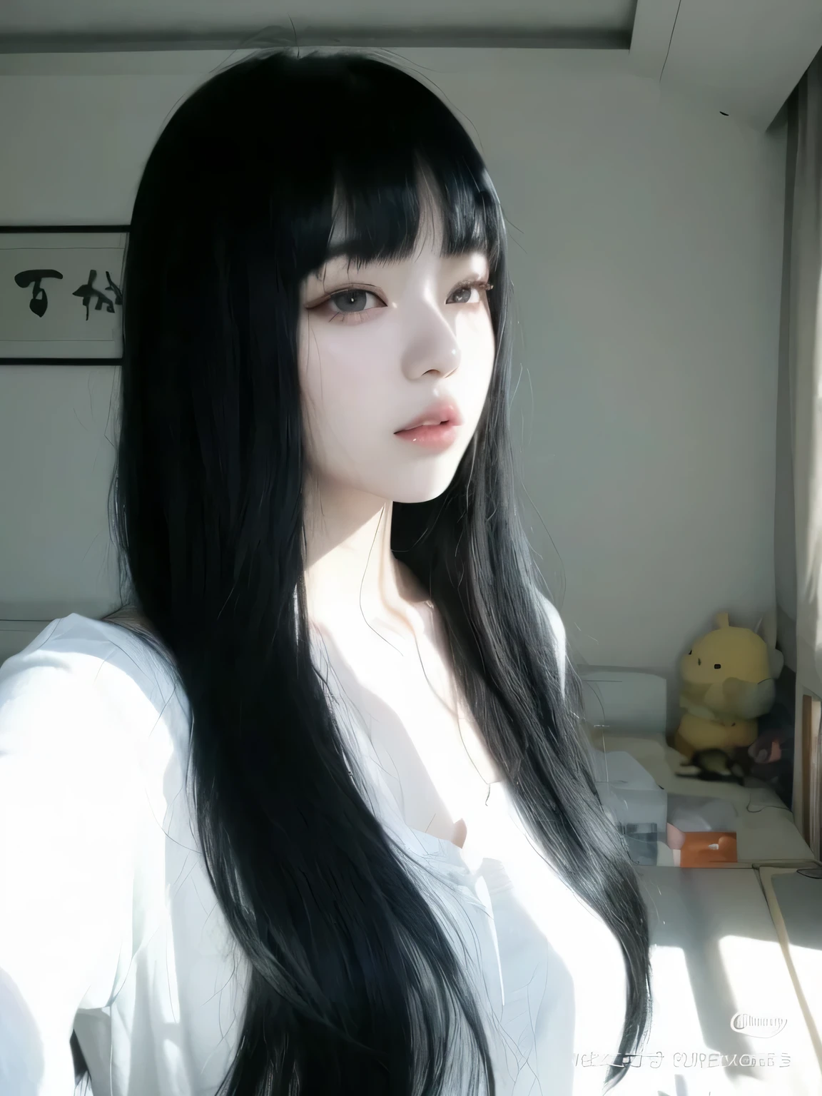 arafed asian woman with long black hair and white shirt, cruel korean goth girl, long black hair with bangs, black hime cut hair, she has black hair with bangs, ulzzang, long dark hair with bangs, korean girl, anime girl in real life, with straight black hair, black hair and large eyes, pale goth beauty, white hime cut hairstyle