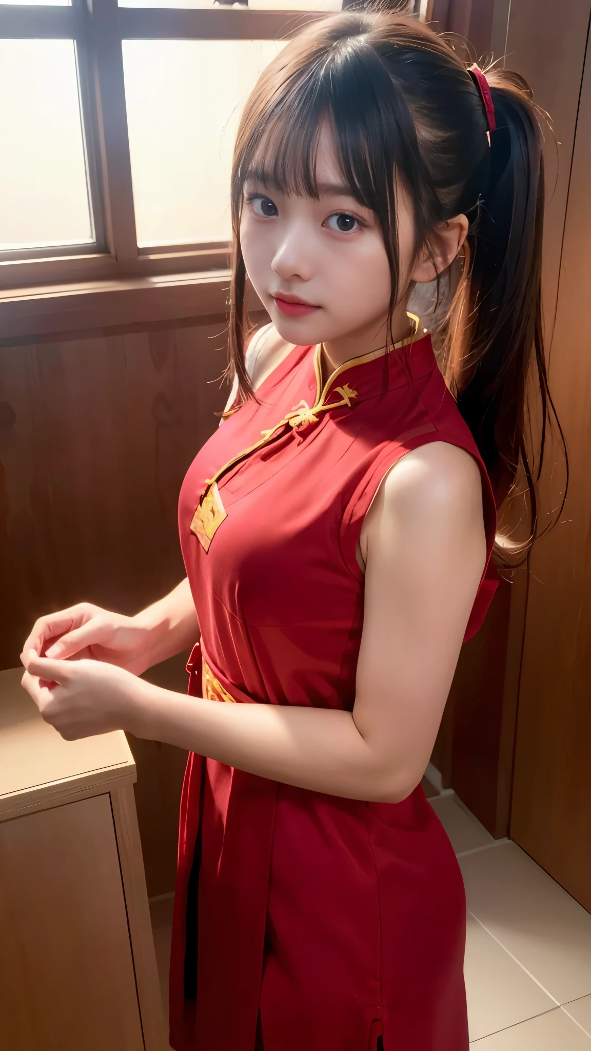 (Sunset twilight), (Room with huge window:1.3), (Mysterious body form in backlight:1.3), (((From head to toe))), (), Delicate girl, (((Neat Chinese dress))), Twin tails, (Perfect Anatomy), (Detailed hand:1.2), (Medium breast:1.3), (Lip gloss on lips:1.3), (Cheongsam with deep slit:1.3), (Detailed skin texture), (Professional Lighting), (Facial lighting), (nffsw++:1.10), (Ultra-high resolution), (highest quality), (Improvement of quality), (Ultra-detailed), (Accurate Color), (Photorealistic), (Accurate Shadows), Idol Face, Delicate girl, Digital single-lens reflex camera, Sophisticated, Film Grain, chromatic aberration, (looking at the camera), (mysterious look:1.3)