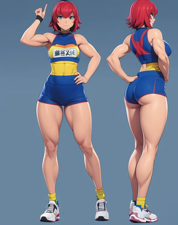 Anime woman, skimpy clothes, slightly muscular, front and back, big ass, small waist, fighter, curvy, 3d rendering, marathon runner outfit