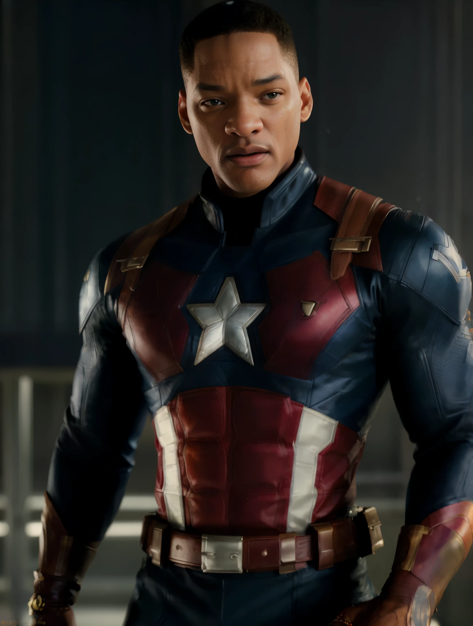 . .Tarantino style Will Smith as Captain America 8k, high definition, detailed face, detailed face, detailed eyes, detailed suit, in style of marvel and dc, hyper-realistic, + cinematic shot + dynamic composition, incredibly detailed, sharpen, details + superb details + evening with light + perfectionism + award winning realism ((moody lighting))