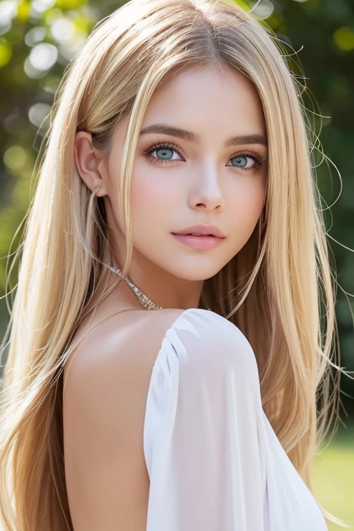 Authentic photo quality、cara muy linda、Extraordinaria belleza sexy、beautiful calm and bright expression、Aspecto refrescante y sexy.、Flequillo largo que cae sobre una cara linda y hermosa perfecta.、super long blonde hair, liso y sedoso que brilla intensamente.、hermoso rostro y cabello rubio、muy linda hermosa mujer joven sexy、Cara linda muy perfecta y hermosa.、Hermosos ojos azul cielo brillantes、ojos muy grandes、cabello dorado muy grande encima de un ojo、rubia entre los ojos、Piel blanca muy radiante、Teca Brillo、delineador de ojos、a small smile、piel brillante
