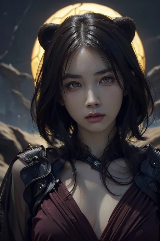 Rough Craft'S Worldから来た女性のエイリアン, highly detailed artistic photography, midnight aura, Night Sky, Detailed gorgeous face, dream-like, Shine, Backlit, Glamour, Sparkling, (very detailed face and eyes:1.2), (High resolutionの光る赤い目:1.4), Perfect Anatomy, (A beautiful, toned body:1.5), (Moisturized Skin:1.2), No makeup, (bear:1.1),(Thick eyebrows:1.2), Long canines. Smooth, extRa High resolution, 8K, Unreal Engine 5, Ultra-sharp focus, Art by Alberto Seveso, germ of art, Barbaric, SF, Complex芸術作品の傑作, evil, Matte Movie Poster with Image, Golden Ratio, Trending on CGsociety, Complex, wonderful, ArtStation Trends, author: germ of art, H. R. Giger and Beksinski, very detailed, Rough Craft'S World, Cthulhu, vibration, Draw a movie character, Ultra high quality model, Cinematic Quality, Detail up, (Complex details:1.2), High resolution, High resolution, draw faithfully, (Thick eyebrows:1.2), (Big scarlet eyes:1.3)