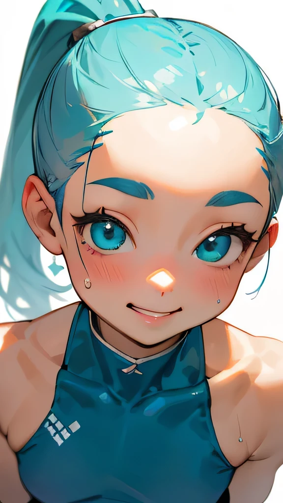 highest quality、Realistic、Japanese、Women、cute、Turquoise Eyes、Short ponytail、Silver Hair、all back、Forehead is coming out、gym、sit、Sunburned skin、Blue leotard、Gymnast、Joy、Grinning、Face close-up、Small breasts、slender