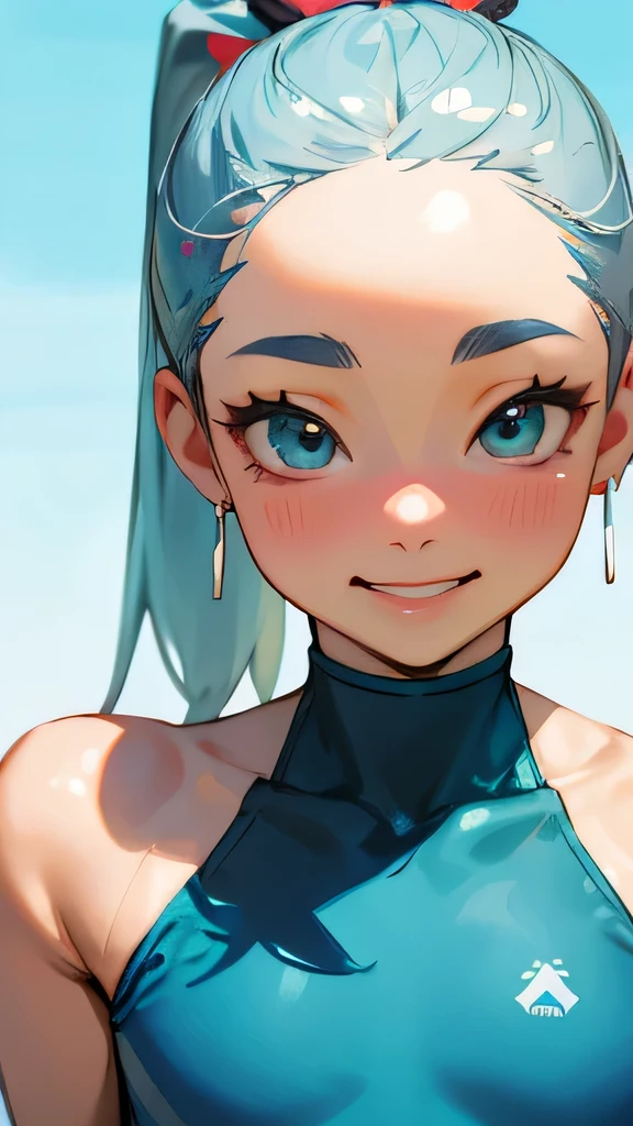 highest quality、Realistic、Japanese、Women、cute、Turquoise Eyes、Short ponytail、Silver Hair、all back、Forehead is coming out、gym、sit、Sunburned skin、Blue leotard、Gymnast、Joy、Grinning、Face close-up、Small breasts、slender
