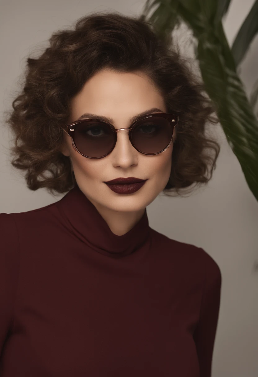 ((melhor qualidade: 1.4, 8k,)), (((ultra high resolution, Physically based rendering, mulher ultra bonita, 38 anos, wearing square glasses; symmetrical eyes, sobrancelhas detalhadas afinamento, (cabelo castanho escuro meio penteado, franja, cabelo flutuando em gravidade zero), textura facial e da pele altamente detalhada, leve covinha no rosto sem maquiagem, small mouth wearing burgundy lipstick; corpo com estilo perfeito, beleza esbelta: 1,4, vestido longo 1.6))), ((seios normais)), thin abdomen, cintura estreita, clear facial features, (radiant expression: 1,3, olhando para o lado direito da cena: 1,2), (((fundo total semiescuro, ((leve decote na frente: 1,8)), pernas um na frente do outro: 1,4, ((detalhe exposto: 1.4, full frontal position scene 1,5)), ((Many bright and colorful particles are flying: 1,5, retro iluminado)).