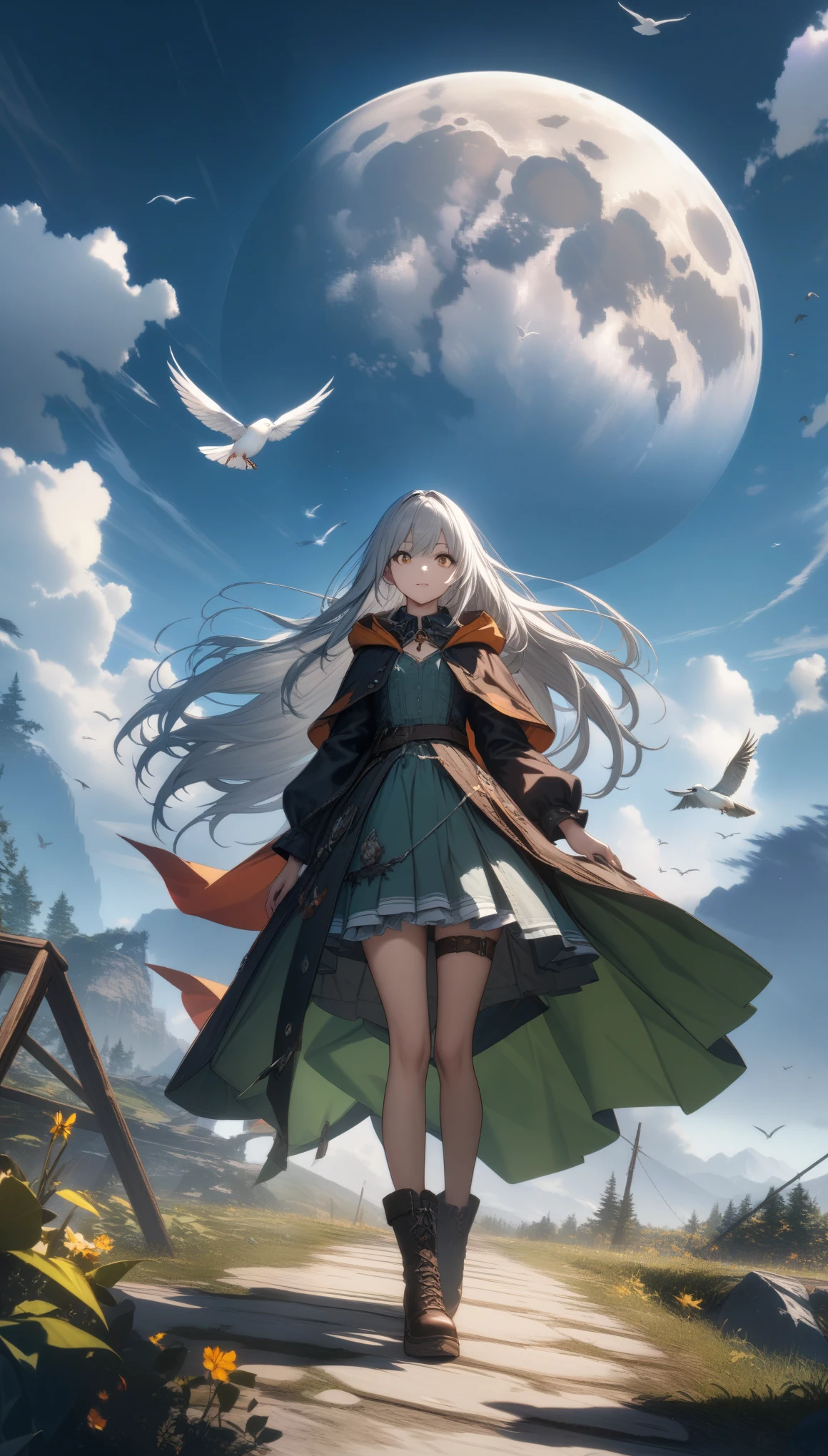32k, best quality, ultra high res, HDR, UHD, extremely detailed CG, unity 32k wallpaper, highest quality, Very detailed, masterpiece, Super detailed, cloud, witch_Have, Have, 1 Girl, null, green_null,Day, length_hair, cloudy_null, moon,bird, alone, Silver_hair, witch, Outdoor,  