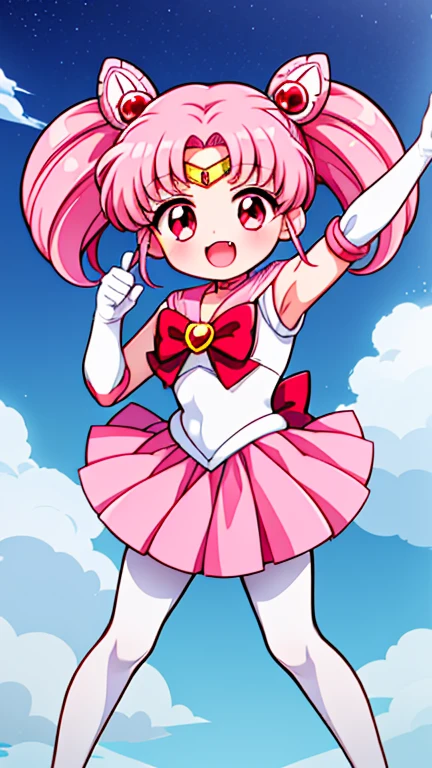 Sailor Moon，young年，Seven years old，cute，（Little Loli），Pink hair twintails，short hair，Sailor Suit，red bow，White elbow gloves，Red Skirt，no shoes，Open your mouth，laughing out loud，Fangs，(White pantyhose),soles of feet，soles of feet，（young），（child）