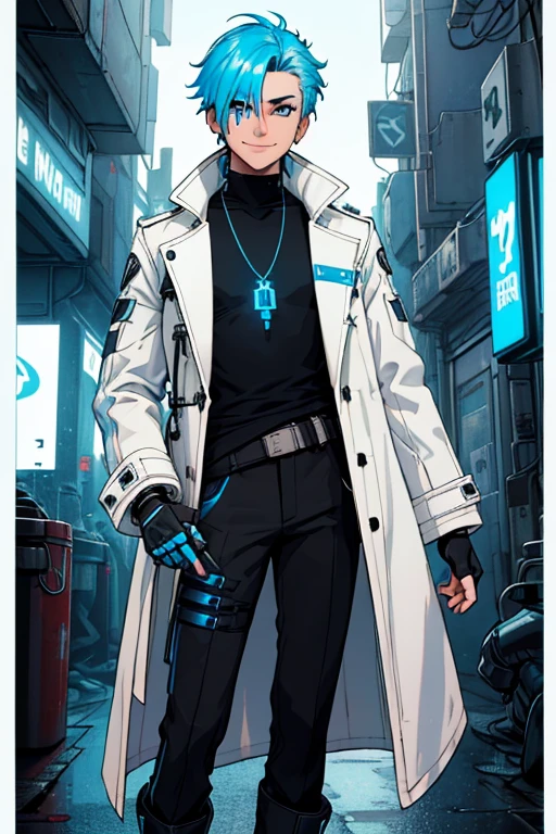 male, brownish tan short hair, blue eyes, (((1boy))), (((white cyberpunk coat with blue trim))), (black long sleeve v-neck t-shirt), (necklace with dragon head pendant), (black pants with blue trim), (black white cybernetic boots), (black fingerless gloves), long legs, smiling, single person