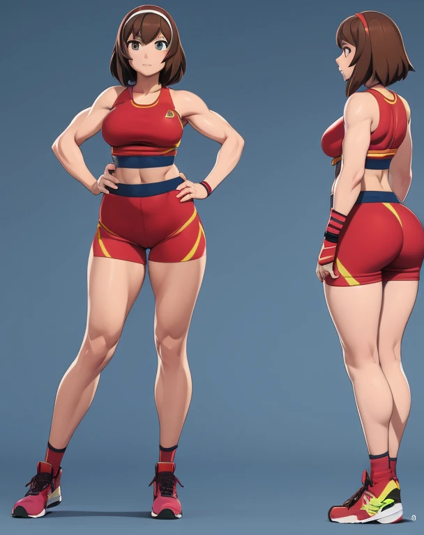 Anime woman, skimpy clothes, slightly muscular, front and back, big ass, small waist, fighter, curvy, 3d rendering, marathon runner outfit, brown hair, hairband