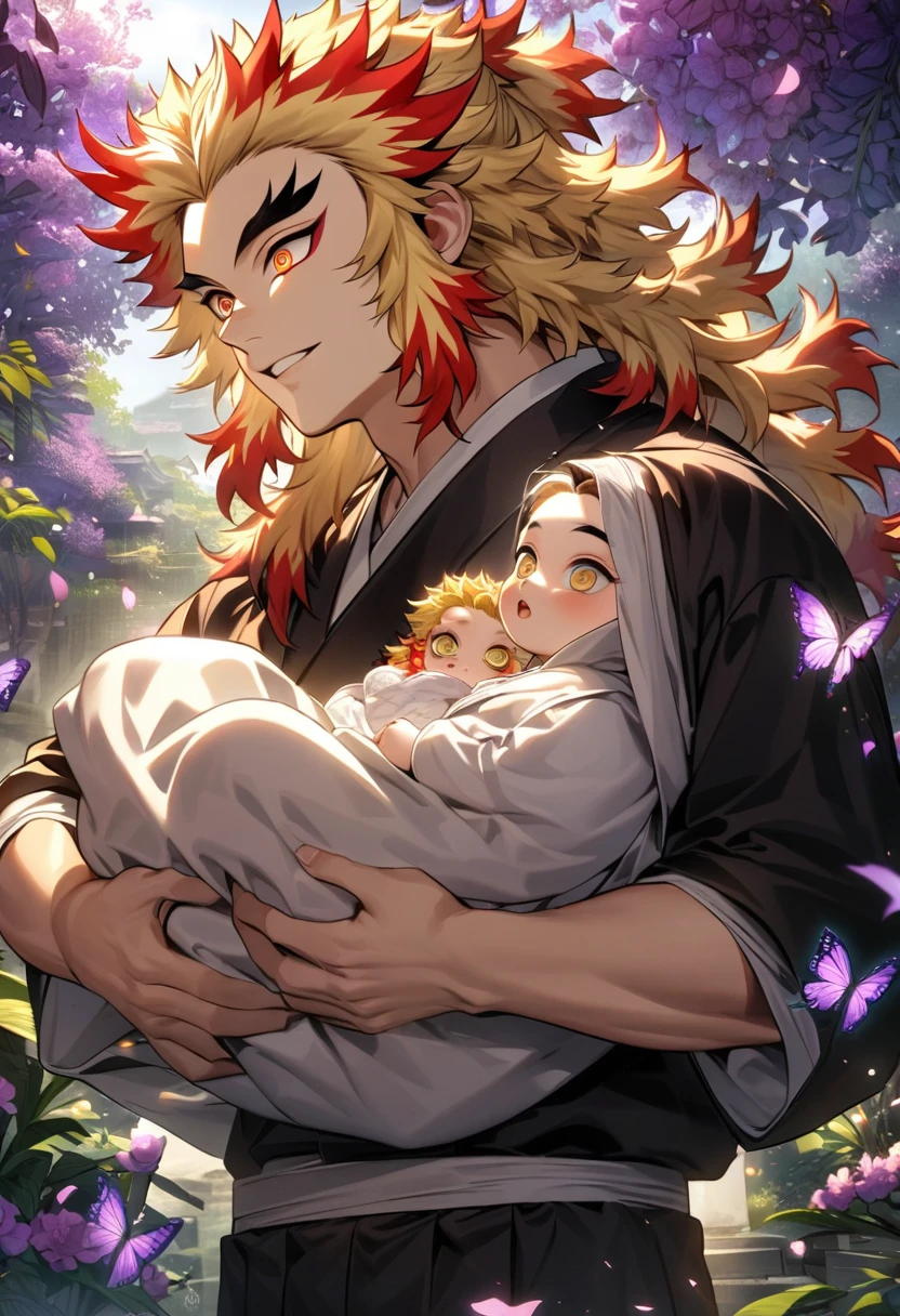 Ultra detailed, highres, absurdres, HDR, Rengoku Kyojuro, blond hair, golden eyes, Kimetsu No Yaiba, purple leaves, flowers and petals, summer, 1 man only, handsome, butterflies, carrying a baby,