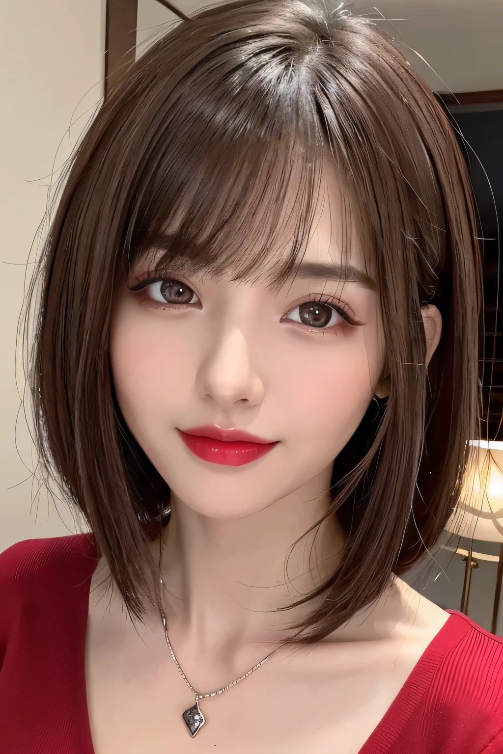 (highest quality、Tabletop、8k、Best image quality、Award-winning works)、(One Girl, 14 years old:1.3)、(Perfect V-neck long knit red sweater:1.2)、(Red eyeshadow:1.2)、Perfect Makeup、Long eyelashes、Ultra-high definition sparkling eyes、Ultra HD Hair、Ultra High Resolution Glossy Lips、Ultra High Resolution Perfect Teeth、Ultra HD cute face、brown hair、(very short straight hair:1.1)、look at me and smile、[clavicle]、Accurate anatomy、(Face close-up:1.5)、Luxury Love Hotel、(The most atmospheric and warm lighting:1.2)、blurred background、With bangs、Ultra-high-definition, shiny, moisturized face、Super high resolution glowing skin、The most detailed face、Super high resolution detailed faces、ultra high resolution hair、Ultra-high resolution sparkling eyes、Beautiful face drawn in every detail、Ultra high resolution glossy red lips、Big Breasts、Cleavage、Fashionable necklaces