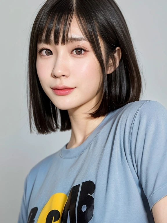 (kawaii 24 year-old Japanese girl, Nogizaka idol, Korean idol), (glossy black hair, messy very short hair, messy pixie cut, symmetric hair length, even length hair edges:1.3), (bangs), (extra rounded face, black eyes, single eyelid, no makeup, soft smiling:1.2), (wearing light blue t-shirt:1.3), (flat chest, extra small breasts:0.8), (looking at viewer:1.2), BREAK, (simple white background:1.3), (angle from below, portrait:1.3), BREAK, (masterpiece, best quality, photo realistic, official art:1.4), (UHD, 8K quality wallpaper, high resolution, raw photo, golden ratio:1.2), (shiny skin), professional lighting, physically based rendering, award winning, (perfect anatomy, highly detailed skin, extremely detailed face and eyes), Carl Zeiss 85 mm F/1.4, depth of field, 1girl, solo,