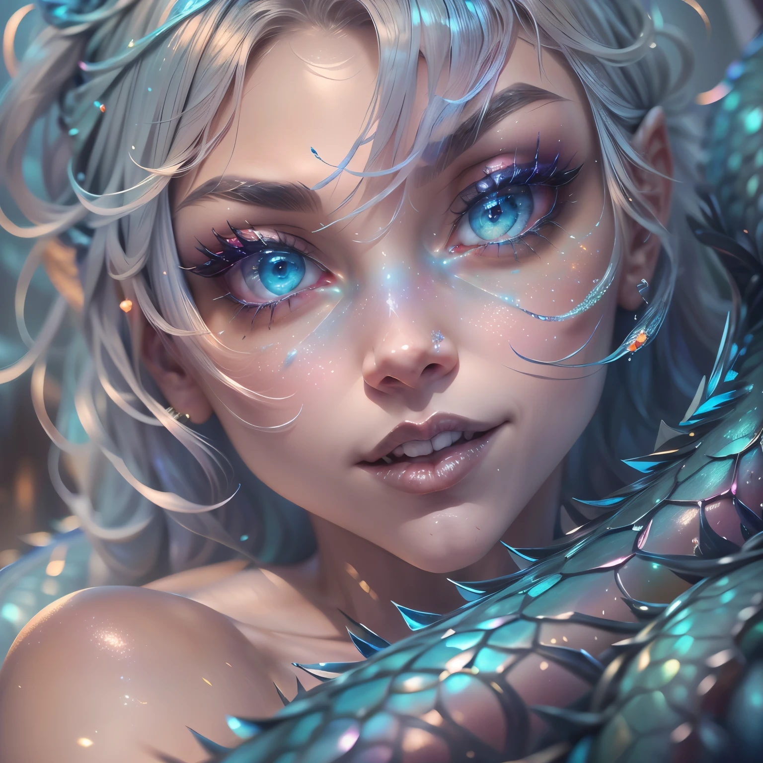 (best quality,4k,8k,highres,masterpiece:1.2, portrait), ultra-detailed, realistic, naked sexy dragon woman with blue glittering scales, skin is glittering sapphire blue scales, short blonde hair with blue highlights, very playful but mischievous smile, huge tits, gigantic breasts, naked, nude, detailed crotch, detailed vulva, sexy pose, spread legs, playful, bi-coloured eyes, heterochromia, lustful