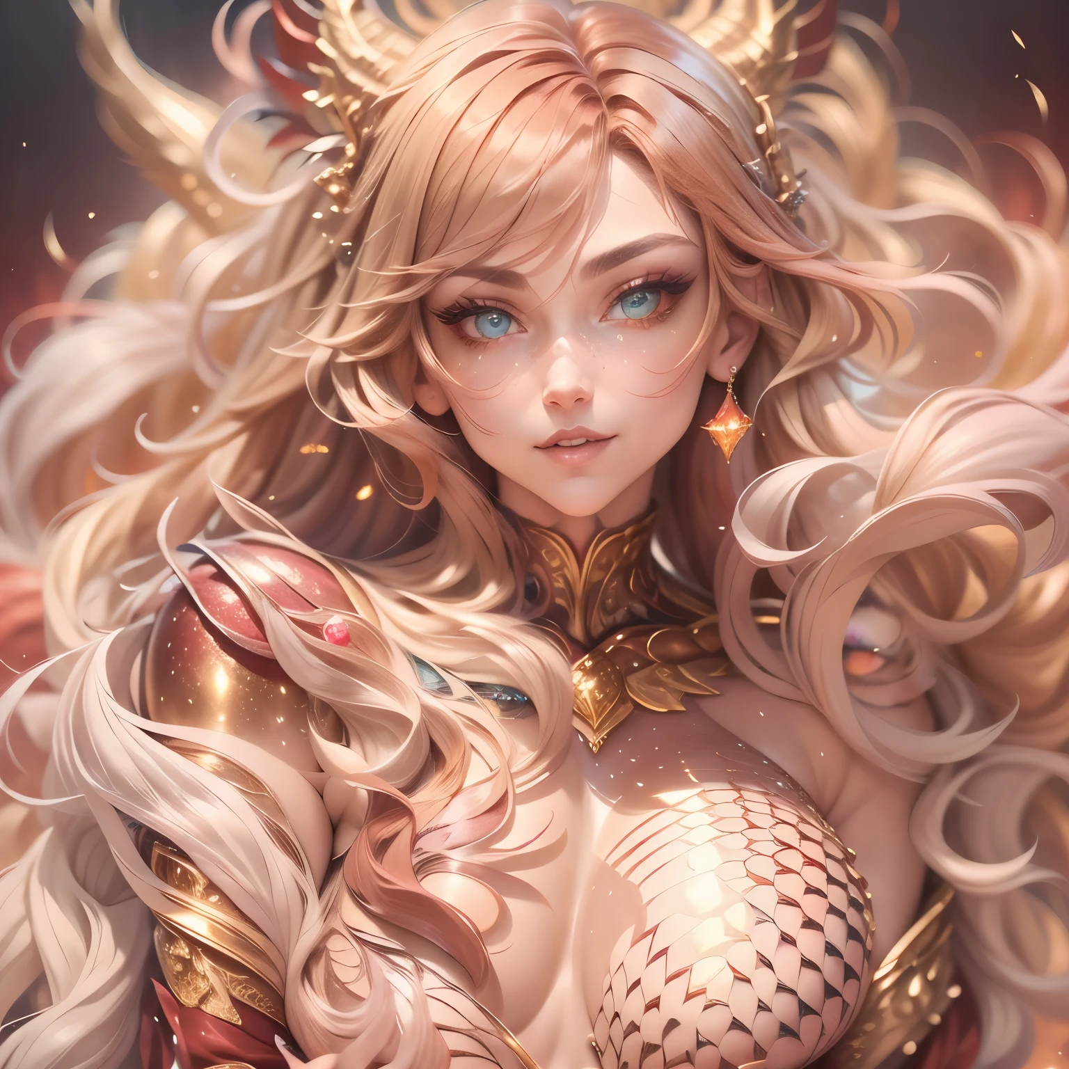 (best quality,4k,8k,highres,masterpiece:1.2, portrait), ultra-detailed, realistic, naked sexy dragon woman with red and gold glittering scales, skin is glittering ruby and golden scales, long wavy blonde hair with red highlights, very playful but mischievous smile, huge tits, gigantic breasts, naked, nude, detailed crotch, detailed vulva, sexy pose, playful, bi-coloured eyes, heterochromia, lustful