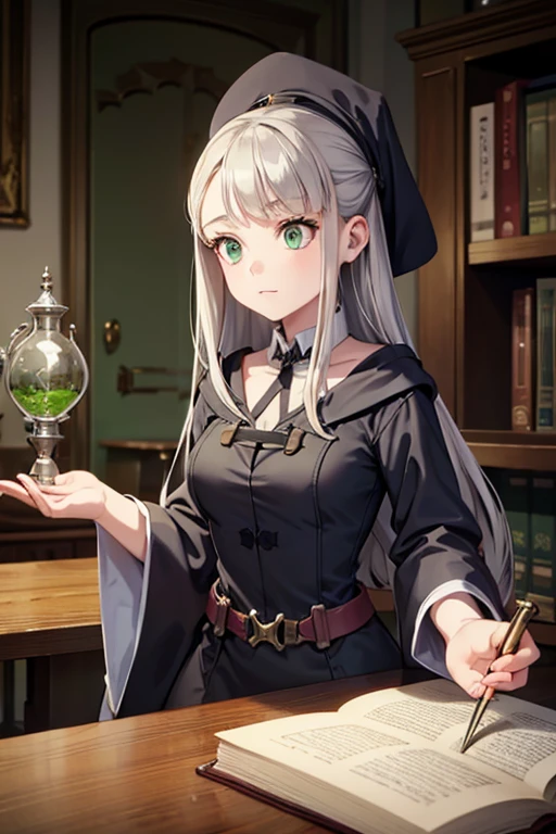 A young silver haired female witch with green eyes and an hourglass figure in a conservative Victorian dress is making potions
