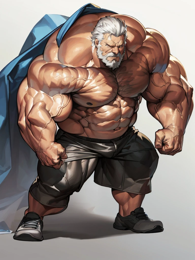 full shots, ground level camera shot, (best quality,4k,8k,highres,masterpiece:1.2),ultra-detailed,(realistic,photorealistic,photo-realistic:1.37),((massive muscular)) ((huge Muscular)) old man standing in photo studio, simple background, shorts , white hair, super thick arms, super big pectoral, super wide pectoral, topless, shirtless.
