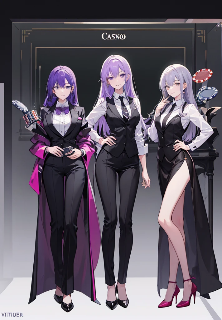 Purple Hair,Semi-long hair,woman,Casino Dealer,bartender,suit,Black vest,Shirt with rolled up sleeves,tie,High heels,,Simple Background,smile,whole body,Full Body,full body,Character portrait,vtuber,upright,,Standing upright with face and body facing forward,