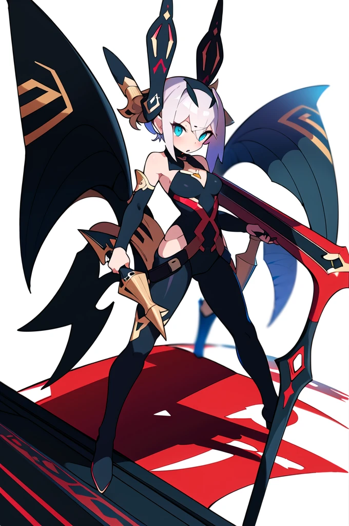 stand posture, cute eyes, adult woman,, solo, high fantasy outfits, ((white background)), full body, holding weapon,