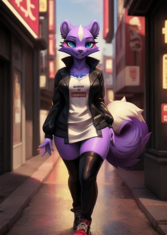 uploaded on e621, (by MAXITO, by Sskomu \(artist\), by MAXITO),
solo female (cute purple skunk girl, blue eyes, Shikabane, a single small cute purple squirrel tail), slender body, thigh high socks,
(wear black jacket, ), (small breasts), black converse shoes,
((detailed fluffy fur)), (looking at viewer, full body shot, three-quarter view),
BREAK,
((Walking at city street on sunset day)), ( fog, mist, cyberpunk, neon light),
(detailed background, depth of field, half body shadow, sunlight, ambient light on the body),
(masterpiece, best quality, ultra realistic, 4k, 2k, (high detail:1.3),
(3d \(artwork\):1.2), blender \(software\), (soft focus:1.2), ray tracing, (unreal engine:1.3), absurd res),sexy,vestido,bailando ,happy,exitada,sexy,caderas grandes,muslos grandez,