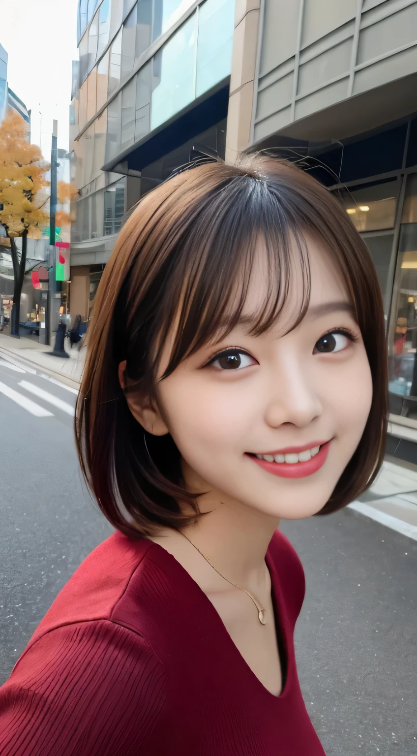 Look at this and be happy smile、Under the Autumn Sky、Red sweater、Tabletop, highest quality, figure, Very detailed, In detail, High resolution, 8k wallpaper, Perfect dynamic composition, Beautiful fine details,Short Bob Hair,small breast natural color lip, bold sexy pose,smile,Shibuya Ward、18 year old girl、cute、Subject posing sexy for the camera