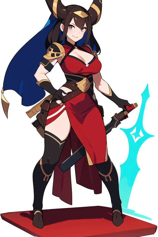 (((Best Quality))) , ((full body)), female, reference sheet, solo, (white background), sarong, holding weapon, gloves, bustier, belt, standing,