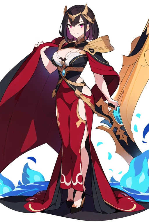 stand posture, cute eyes, adult woman,, solo, high fantasy outfits, ((white background)), full body, holding weapon,