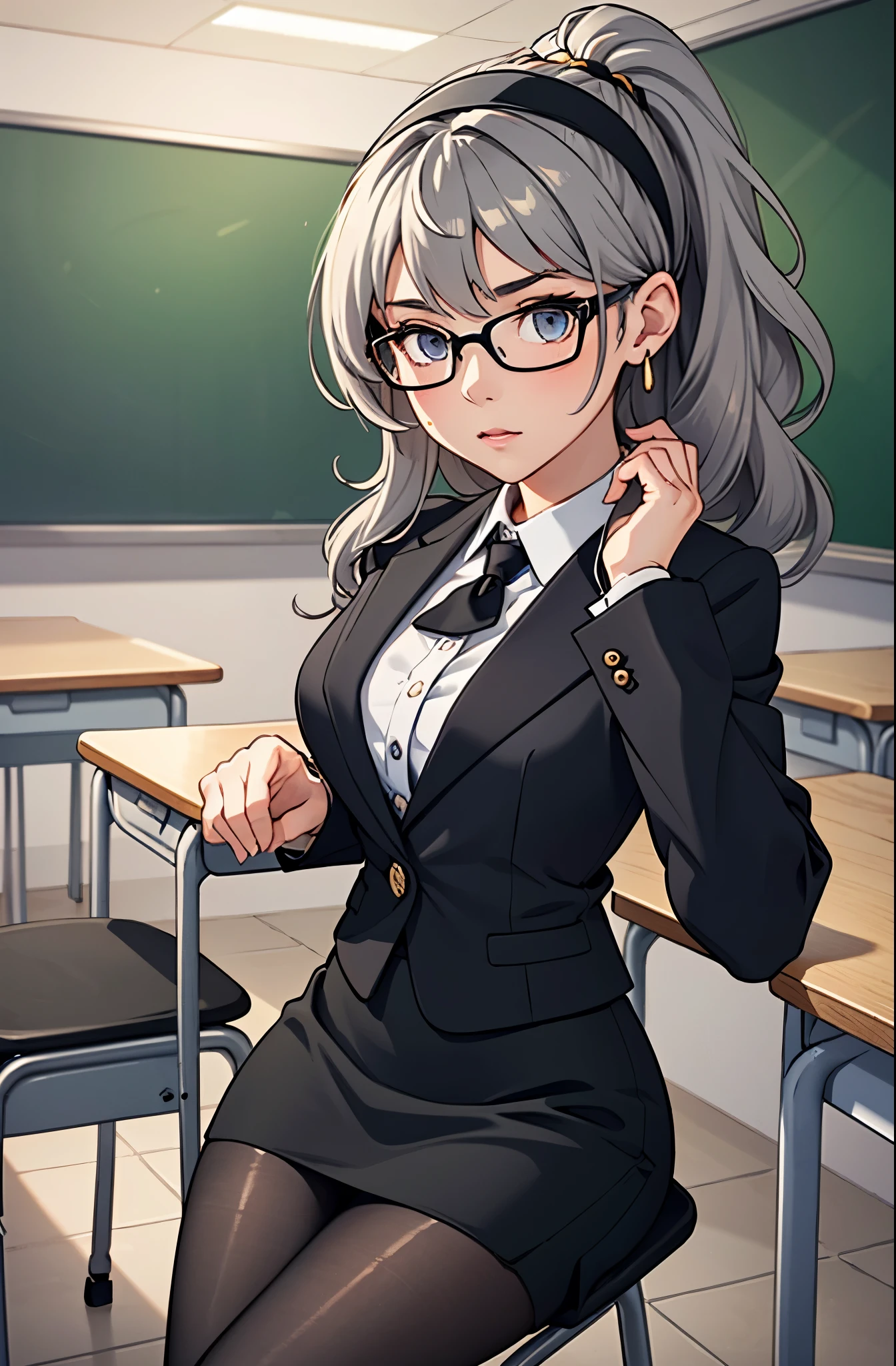 masterpiece, best quality, 1girl, grey hair, ponytail, shoulder length hair, wavy hair, black hairband, auburn eyes, beautiful detailed eyes, beautiful detailed face, cute face, stoic, professional, teacher, black suit, glasses, black skirt, pencil skirt, miniskirt, full pantyhose, gold bracelets, shoes, classroom, warm lighting. 