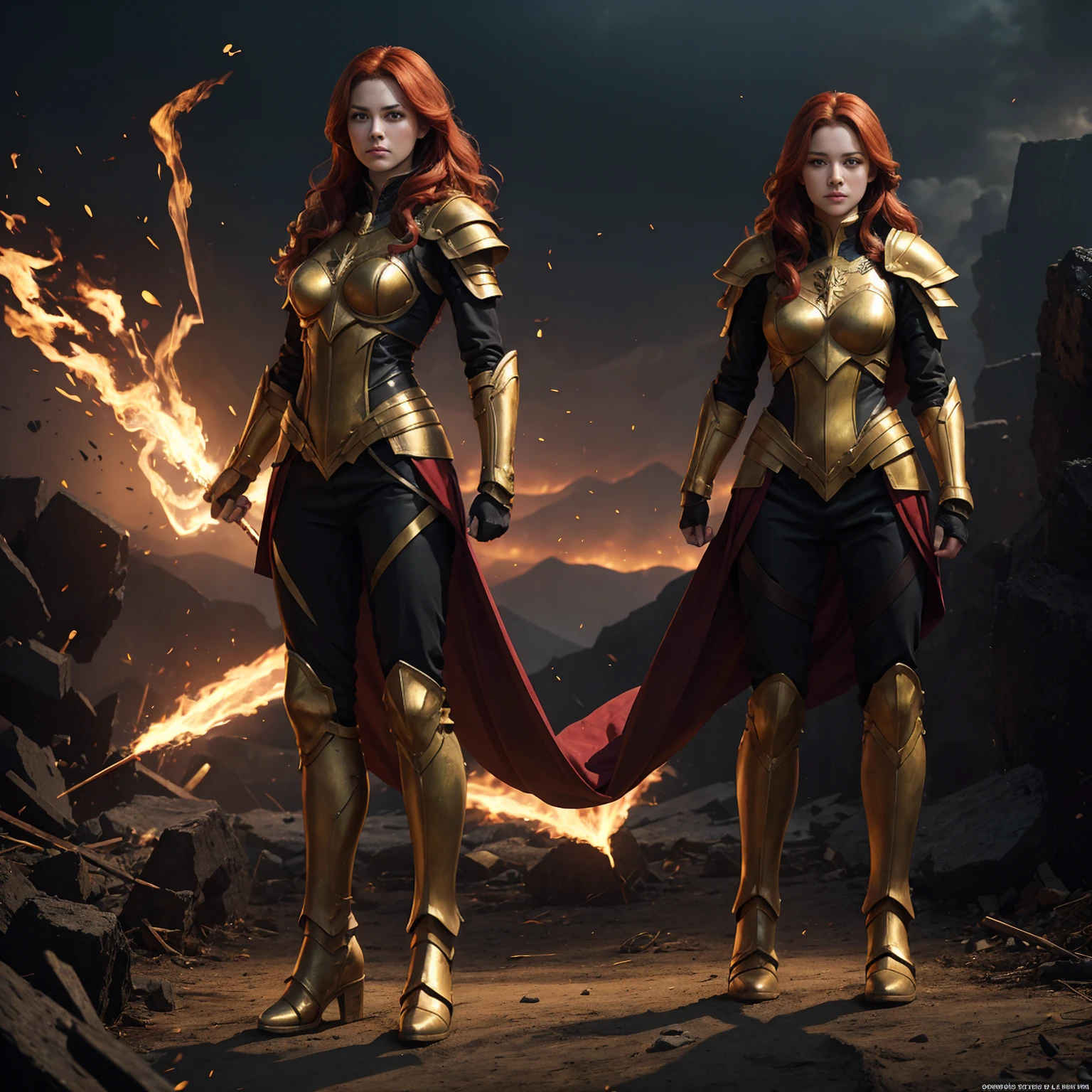 ((Full body photo,standing, feet on the ground)) super girl, A red-haired warrior Woman with yellow eyes wearing black and gold armor